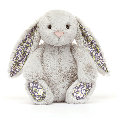 Silver Grey Plush Bunny — Purple Floral Ears